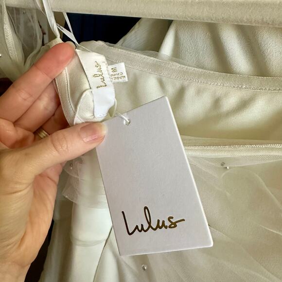 Lulus NWT Profound Glamour Ivory White Pearl Off-the-Shoulder Tulip Maxi Dress - Picture 10 of 11